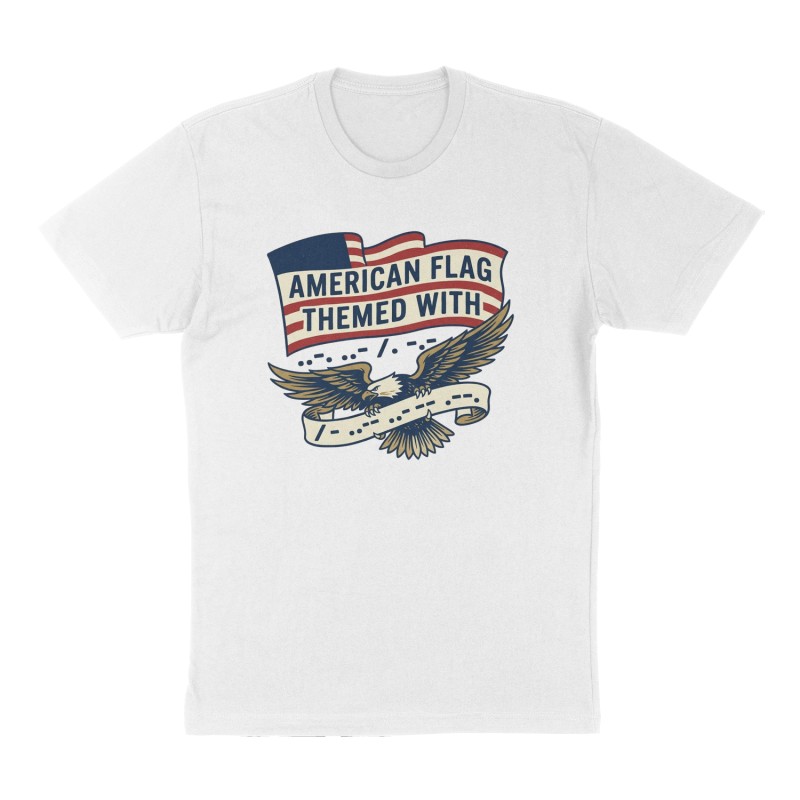 Custom t-shirt: "American flag themed with ..-. ..- -.-. -.- / - .-. ..- -- .--..  worked into the design", Front print, white shirt
