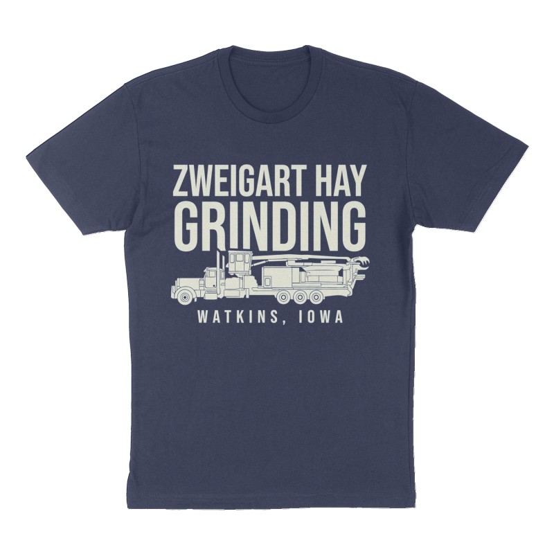 Custom t-shirt: "Zweigart Hay Grinding", Front print, navy shirt