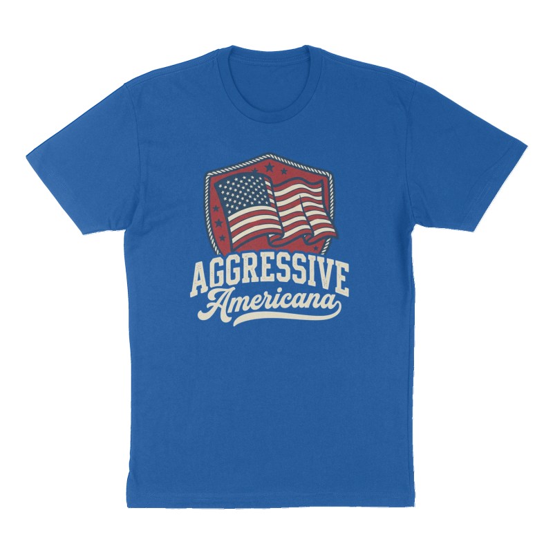 Custom t-shirt: "Aggressive Americana", Front print, royal-blue shirt