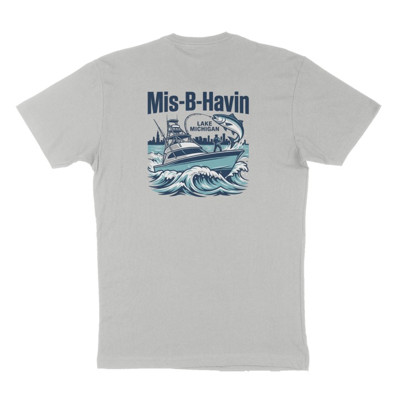 Custom t-shirt: "Mis-B-Havin", Back print, heather-gray shirt