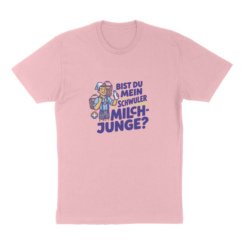 Custom t-shirt: "Bist du mein schwuler Milchjunge?", Front print, pink shirt
