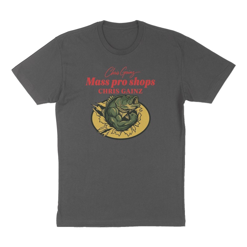 Custom t-shirt: "Mass pro shops", Front print, charcoal shirt