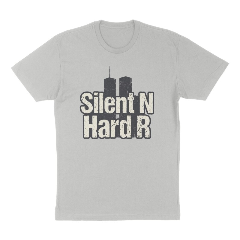 Custom t-shirt: "Silent N Hard R", Front print, heather-gray shirt