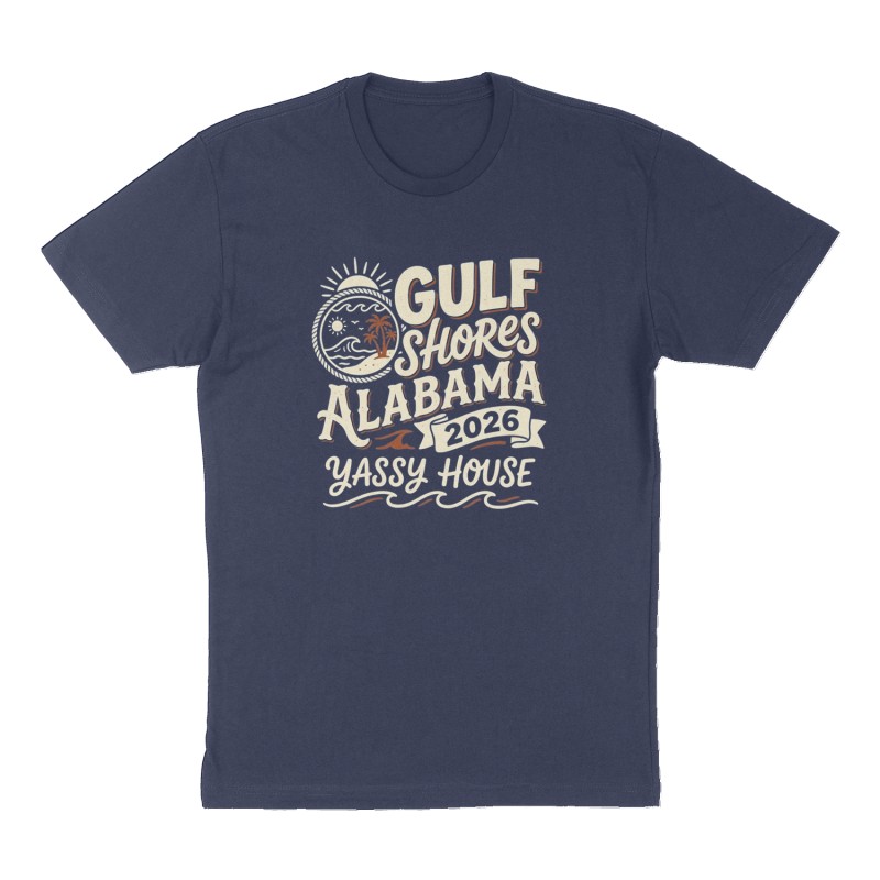 Custom t-shirt: "Gulf Shores Alabama 2026 ", Front print, navy shirt