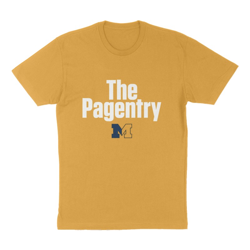 Custom t-shirt: "The Pagentry", Front print, mustard-yellow shirt