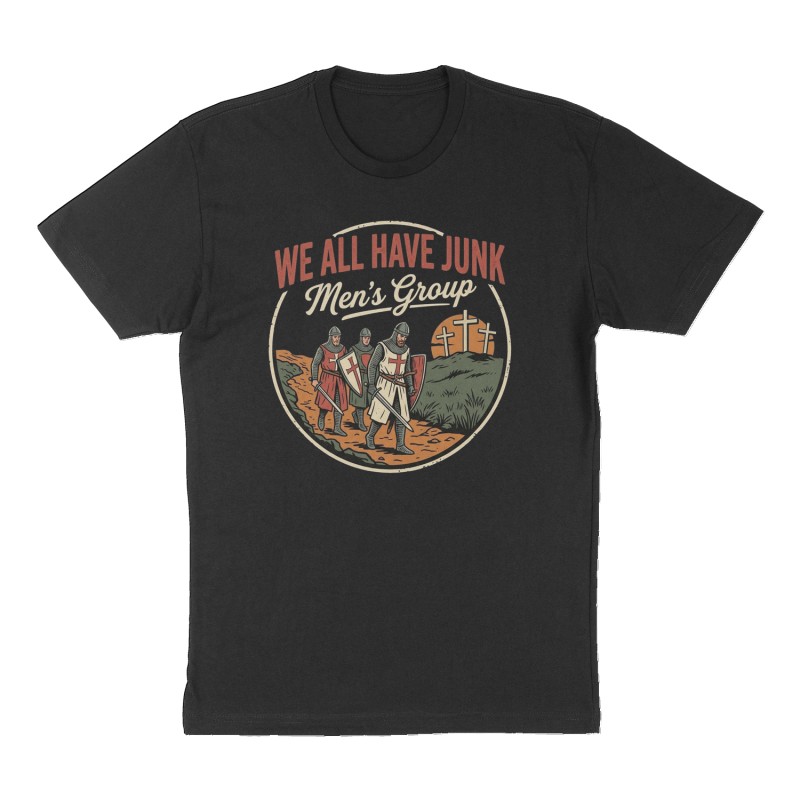Custom t-shirt: "We All Have Junk Men’s Group", Front print, black shirt