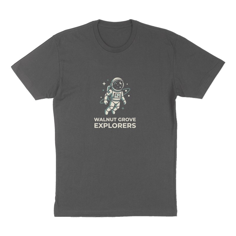 Custom t-shirt: "Walnut Grove Explorers", Front print, charcoal shirt