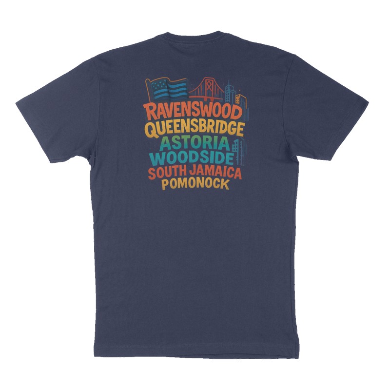 Custom t-shirt: "Ravenswood, Queensbridge, astoria, woodside, South jamaica, pomonock ", Back print, navy shirt