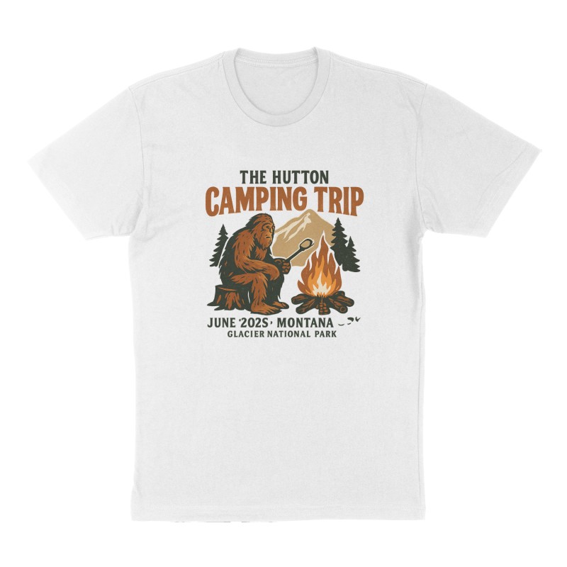 Custom t-shirt: "The Hutton Camping Trip", Front print, white shirt
