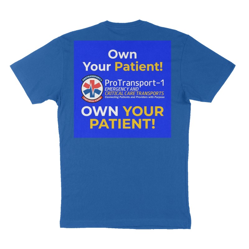 Custom t-shirt: "Own Your Patient!", Back print, royal-blue shirt