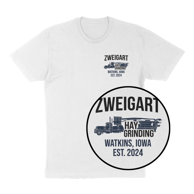 Custom t-shirt: "Zweigart Hay Grinding", Left Chest print, white shirt