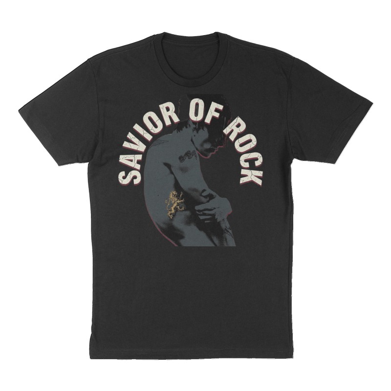 Custom t-shirt: "SAVIOR OF ROCK", Front print, black shirt