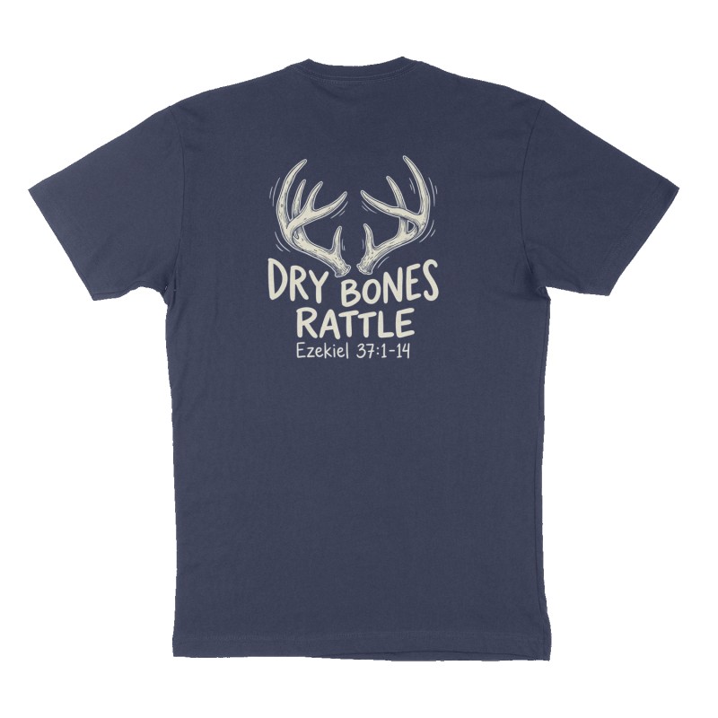 Custom t-shirt: "Dry Bones Rattle ", Back print, navy shirt