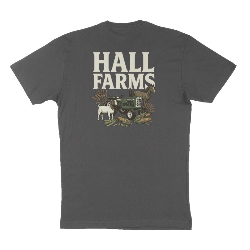 Custom t-shirt: "Hall Farms", Back print, charcoal shirt