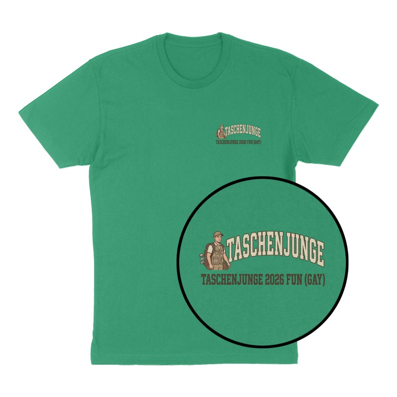 Custom t-shirt: "Taschenjunge", Left Chest print, green shirt