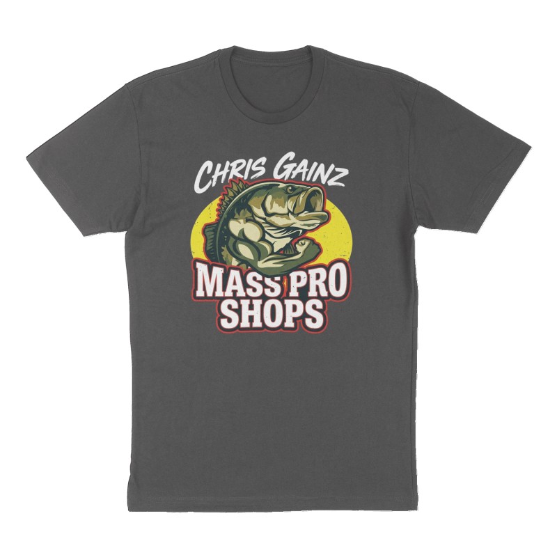 Custom t-shirt: "Mass pro shops", Front print, charcoal shirt
