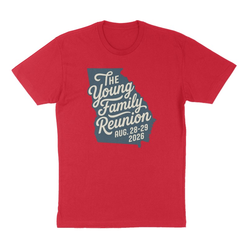 Custom t-shirt: "The Young Family Reunion Aug. 28-29 2026", Front print, red shirt
