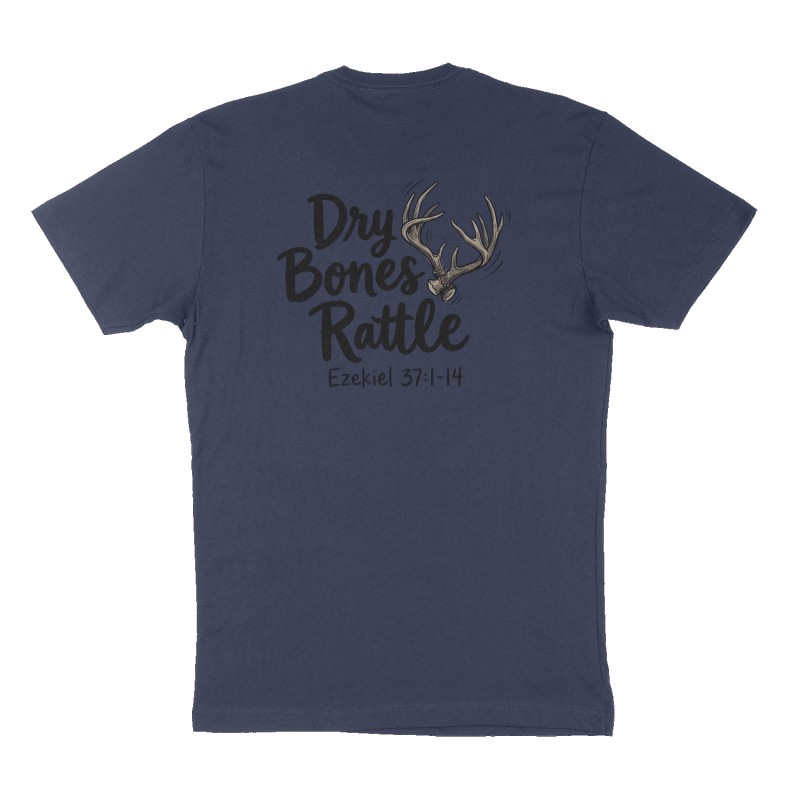 Custom t-shirt: "Dry Bones Rattle ", Back print, navy shirt