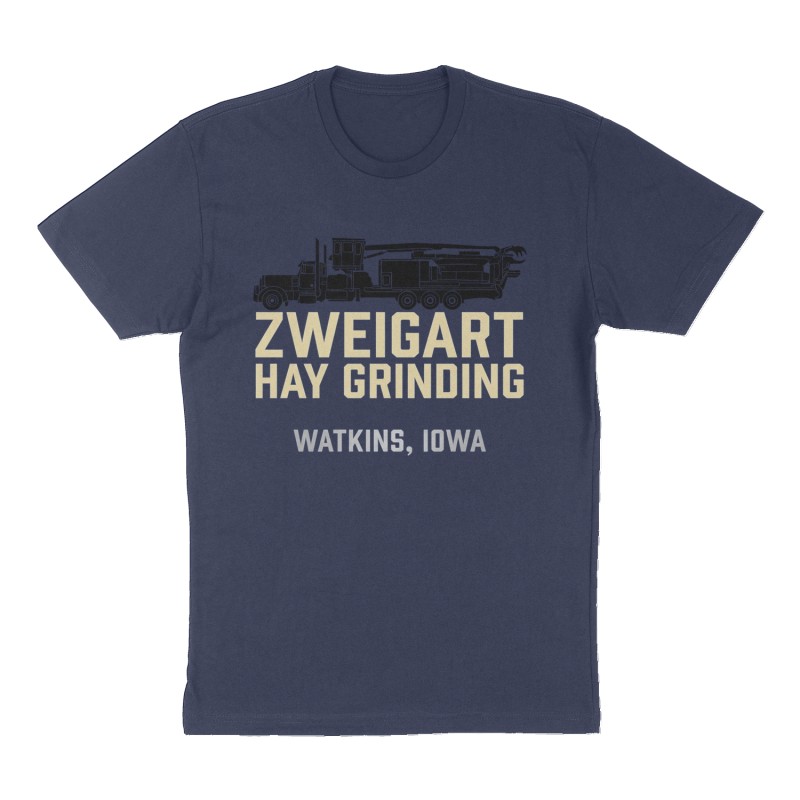 Custom t-shirt: "Zweigart Hay Grinding", Front print, navy shirt