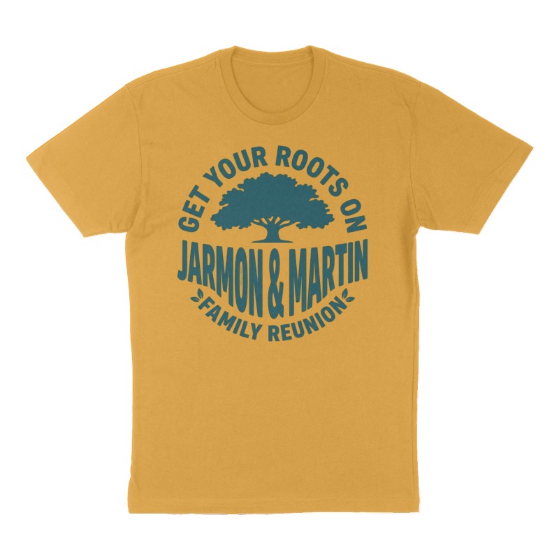 Custom t-shirt: "Jarmon & Martin", Front print, mustard-yellow shirt