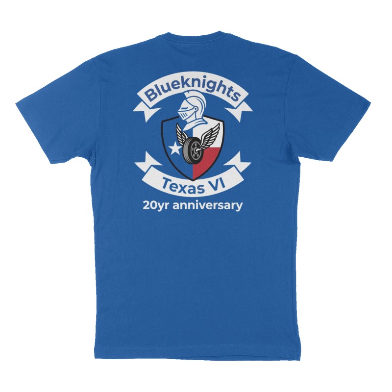 Custom t-shirt: "Blueknights Texas VI 20yr anniversary ", Back print, royal-blue shirt
