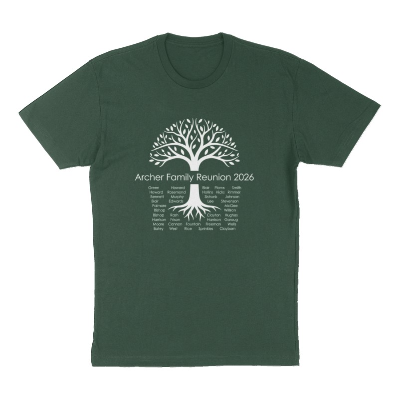 Custom t-shirt: "Archer Family Reunion 2026", Front print, forest-green shirt