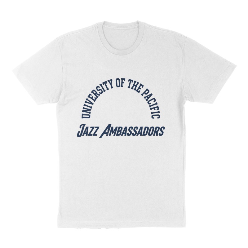 Custom t-shirt: "University of the Pacific Jazz Ambassadors", Front print, white shirt
