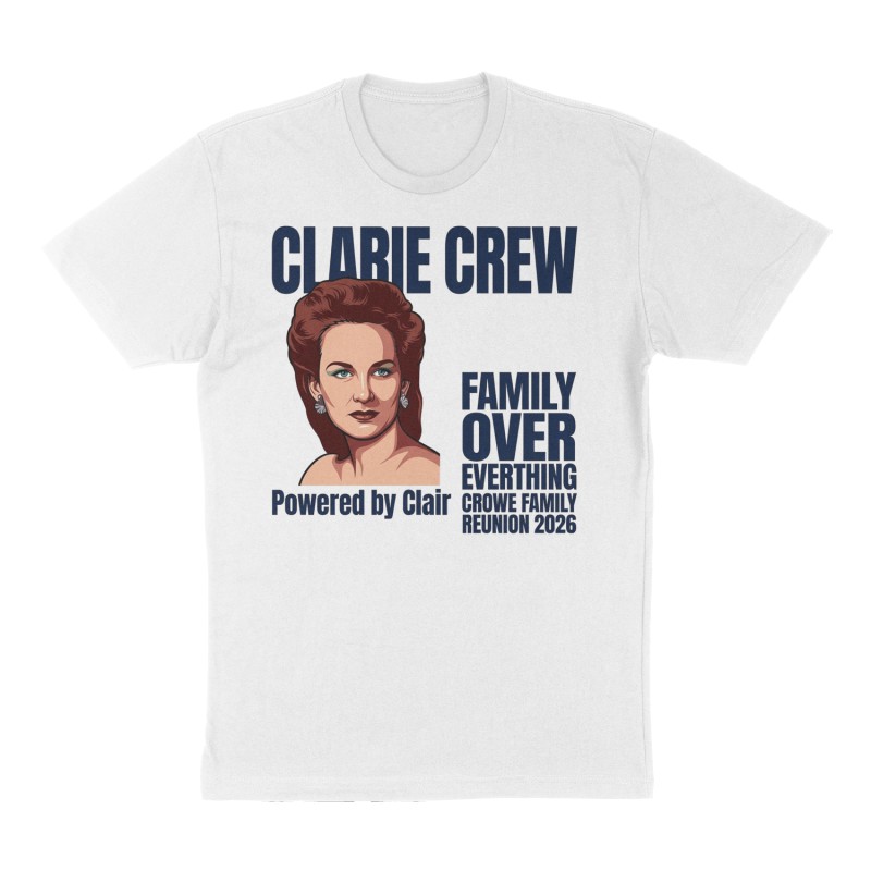 Custom t-shirt: "CLARIE CREW", Front print, white shirt
