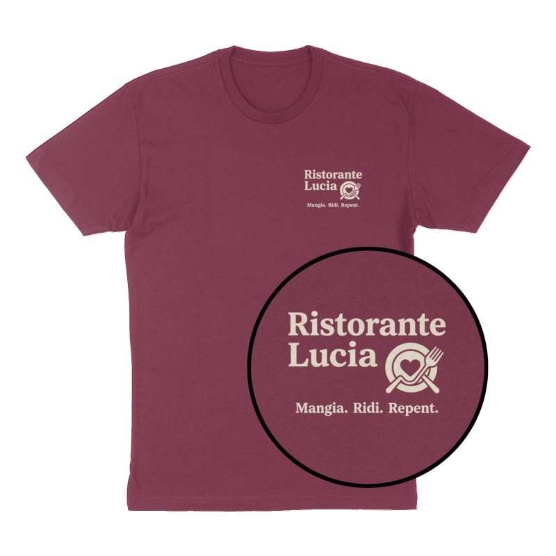 Custom t-shirt: "Ristorante Lucia", Left Chest print, maroon shirt