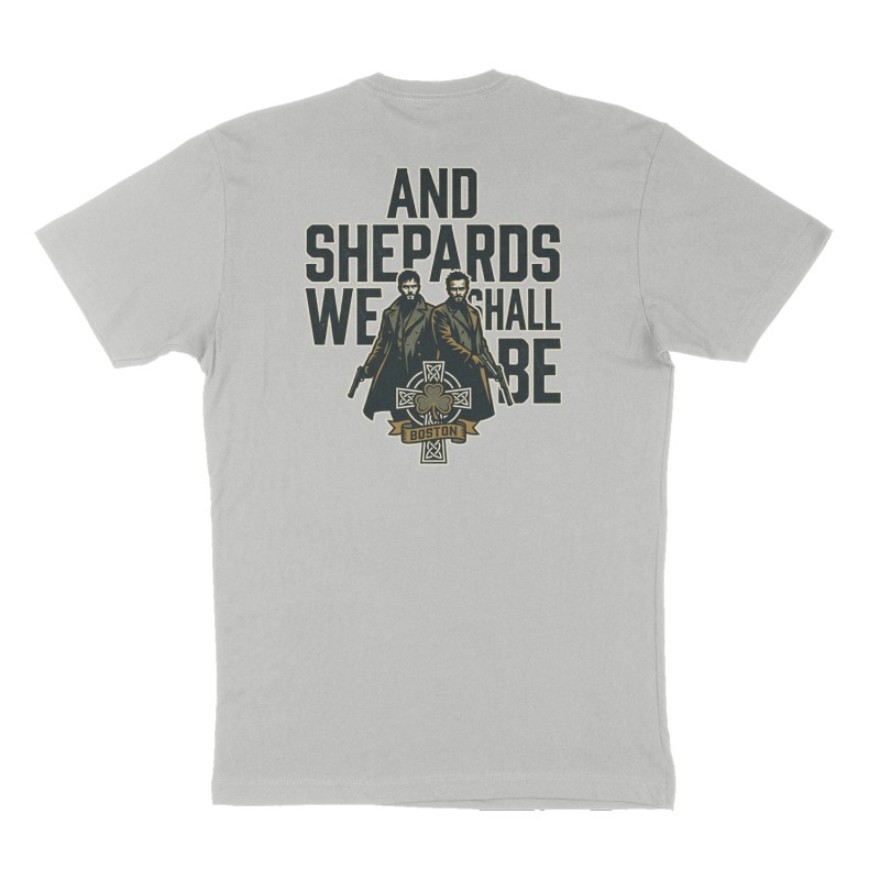 Custom t-shirt: "And Shepards We Shall Be", Back print, heather-gray shirt