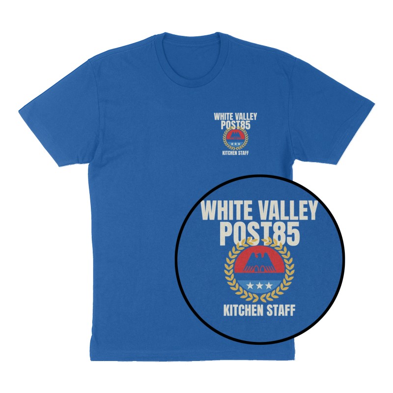 Custom t-shirt: "WHITE VALLEY POST85", Left Chest print, royal-blue shirt