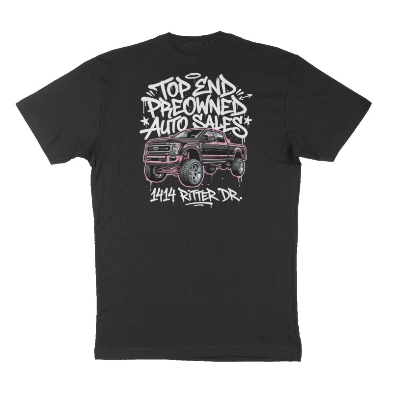 Custom t-shirt: "Top End Preowned Auto Sales", Back print, black shirt