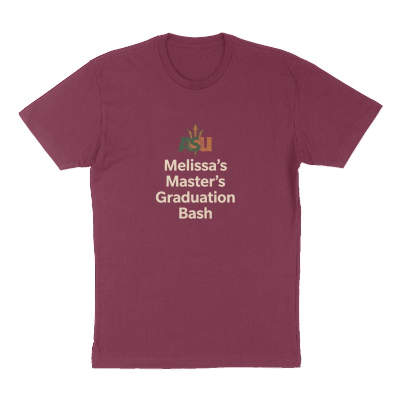 Custom t-shirt: "Melissa's Master's Graduation Bash", Front print, maroon shirt