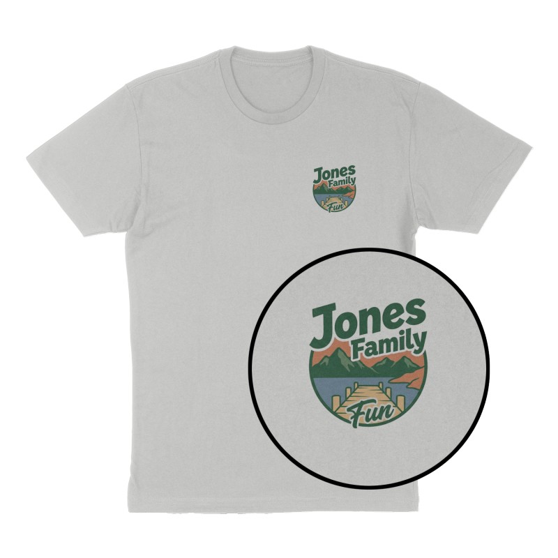 Custom t-shirt: "Jones Family Fun", Left Chest print, heather-gray shirt