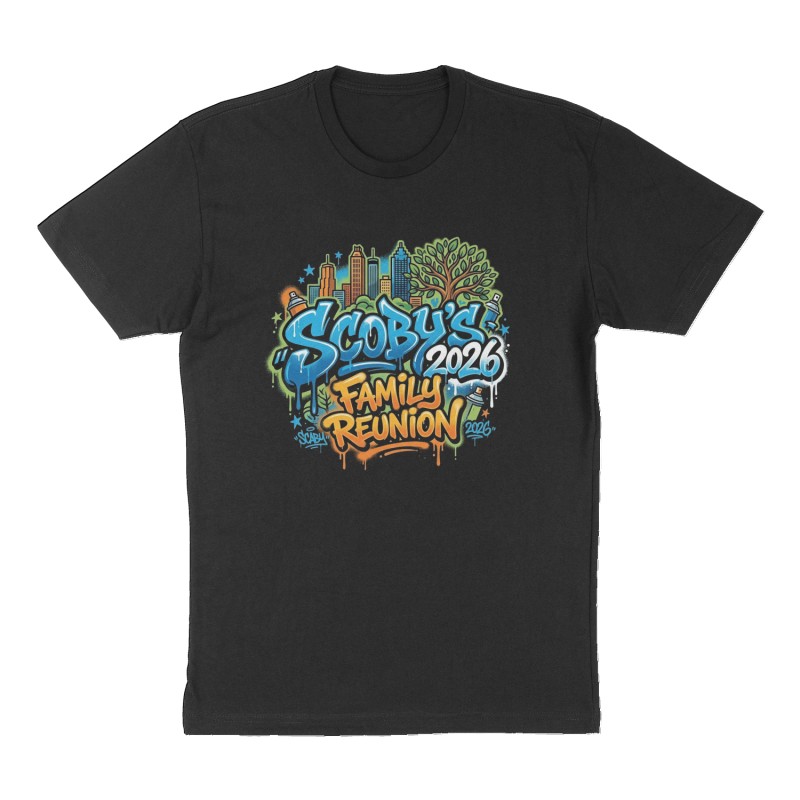 Custom t-shirt: "Scoby’s 2026 Family Reunion ", Front print, black shirt