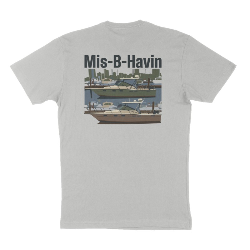 Custom t-shirt: "Mis-B-Havin", Back print, heather-gray shirt