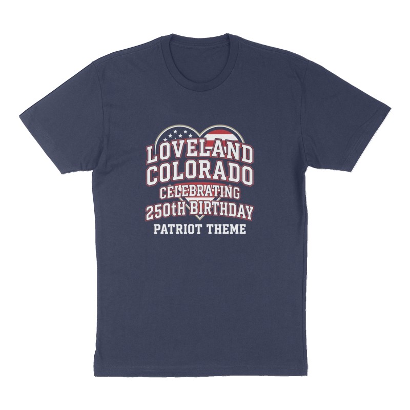 Custom t-shirt: "Loveland Colorado celebrating 250th Birthday ", Front print, navy shirt