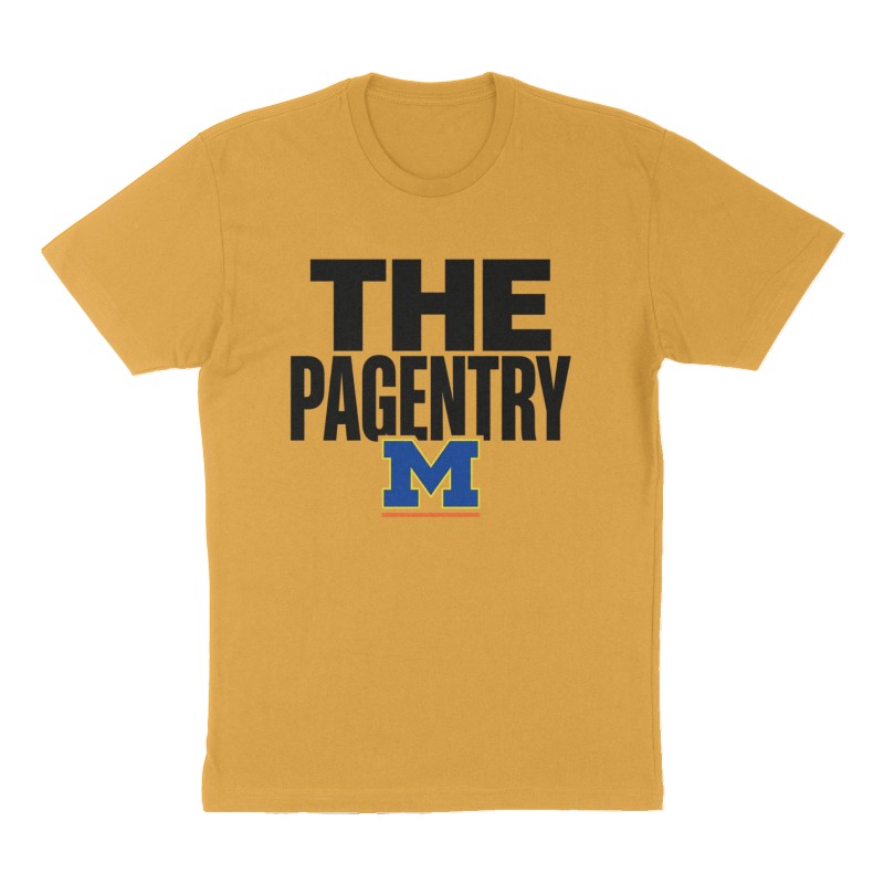 Custom t-shirt: "The Pagentry", Front print, mustard-yellow shirt