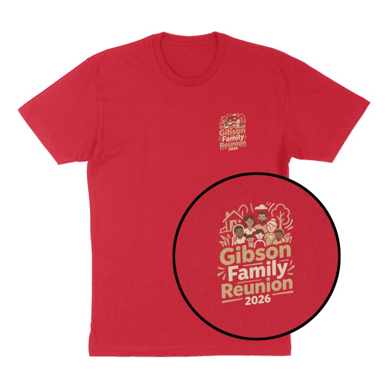 Custom t-shirt: "Gibson Family Reunion", Left Chest print, red shirt