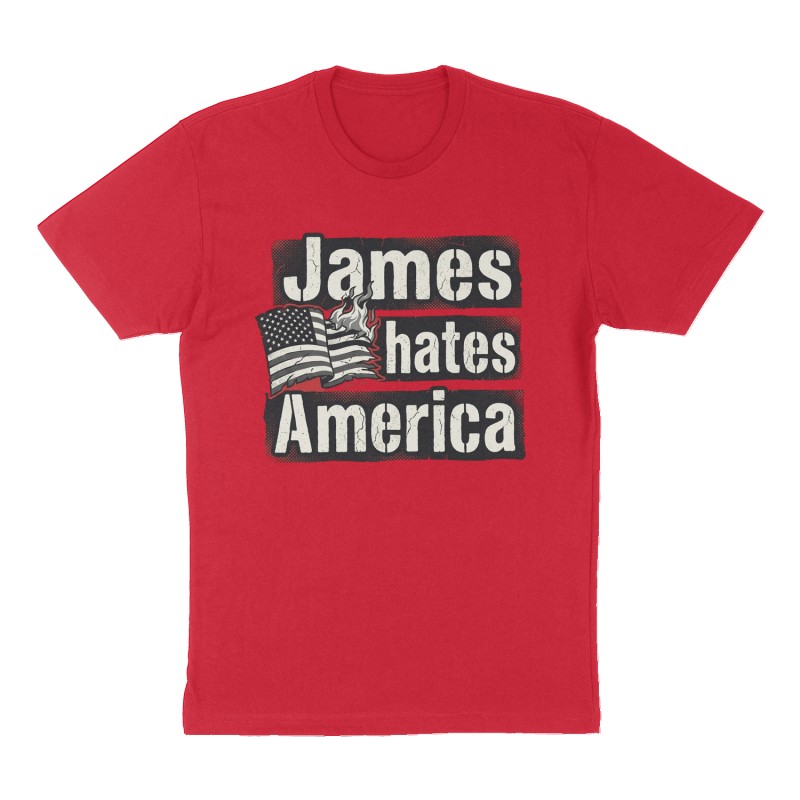 Custom t-shirt: "James hates America ", Front print, red shirt