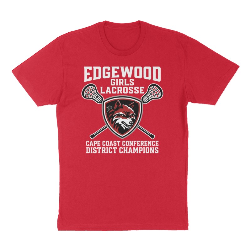 Custom t-shirt: "Edgewood Girls Lacrosse Cape Coast Conference and District  Champions", Front print, red shirt