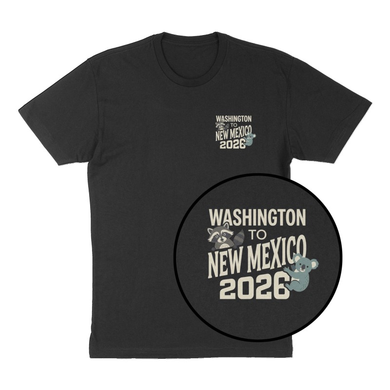 Custom t-shirt: "Washington to New Mexico 2026", Left Chest print, black shirt