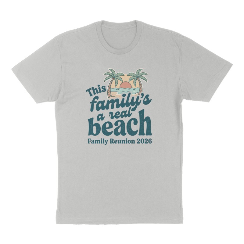 Custom t-shirt: "This family’s a real beach", Front print, heather-gray shirt
