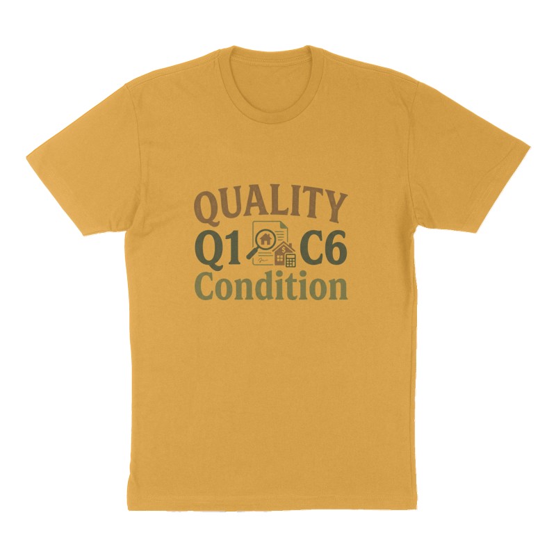 Custom t-shirt: "Quality Q1 Condition C6", Front print, mustard-yellow shirt