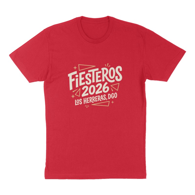 Custom t-shirt: "Fiesteros 2026, Los Herraras, Dgo", Front print, red shirt