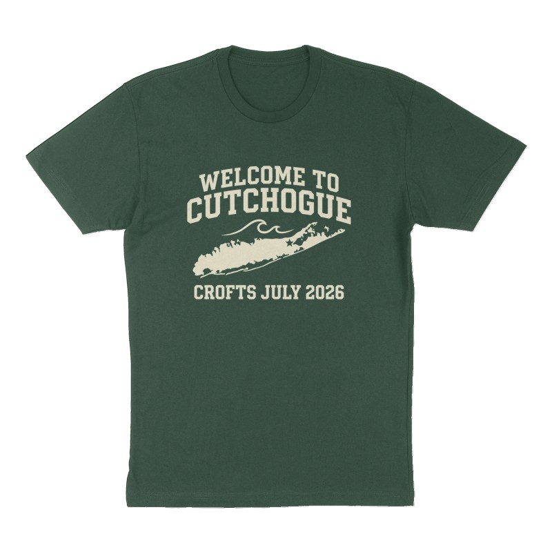 Custom t-shirt: "Welcome to Cutchogue", Front print, forest-green shirt