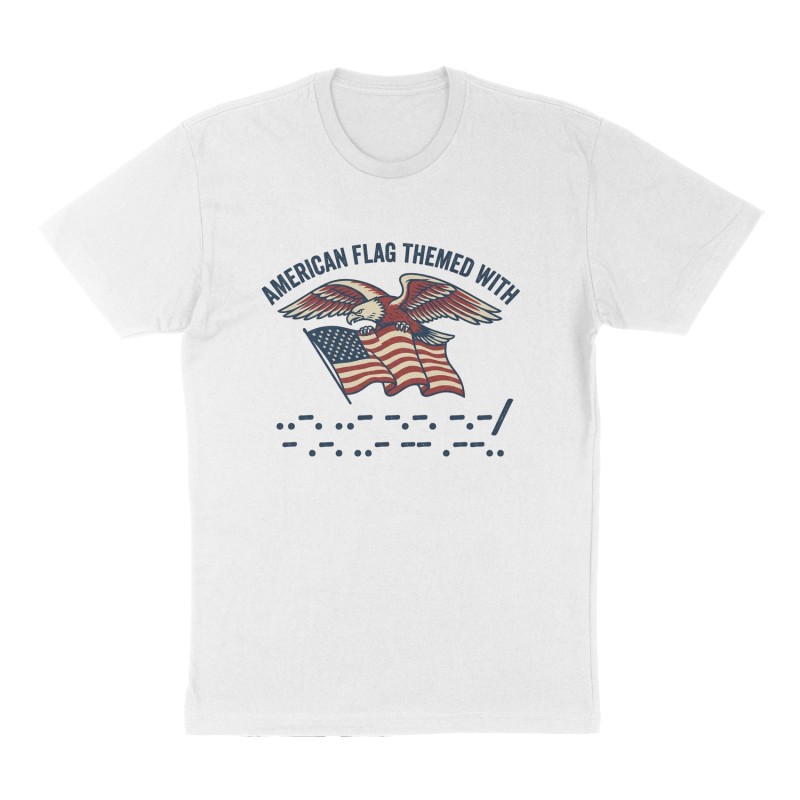 Custom t-shirt: "American flag themed with ..-. ..- -.-. -.- / - .-. ..- -- .--..  worked into the design", Front print, white shirt