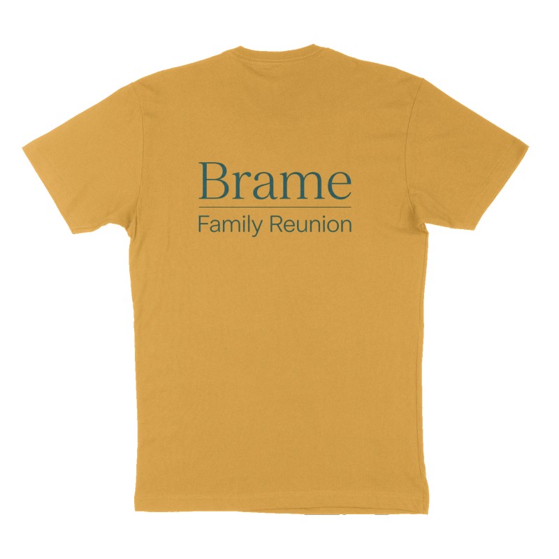 Custom t-shirt: "Brame Family Reunion", Back print, mustard-yellow shirt
