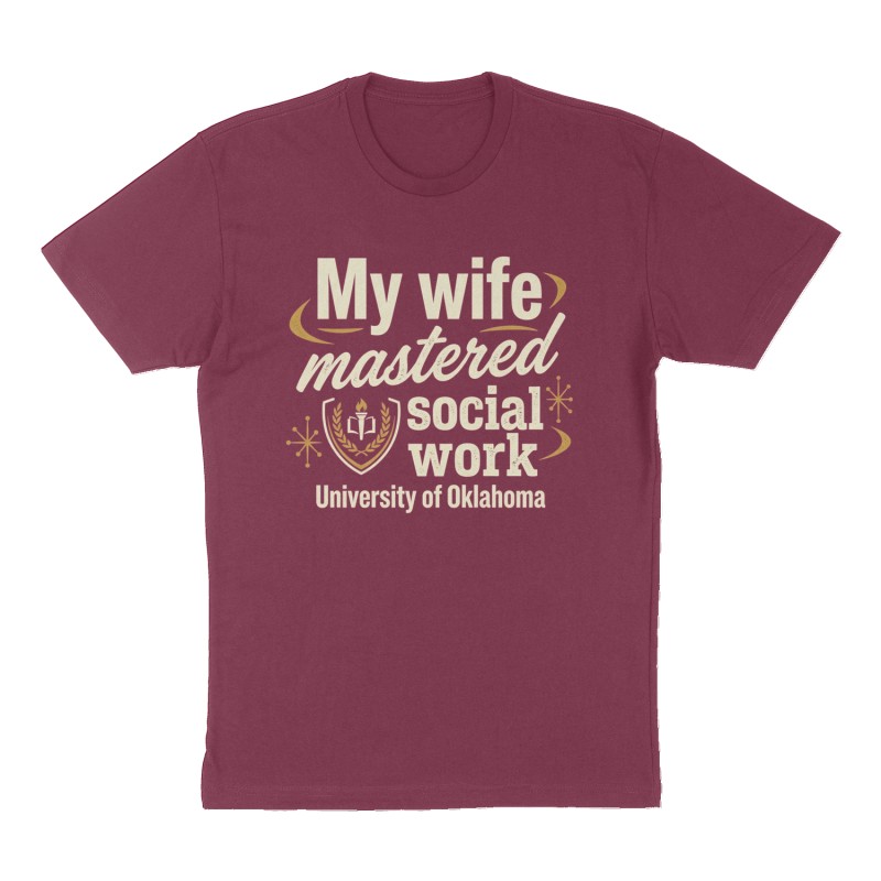 Custom t-shirt: "My wife mastered social work", Front print, maroon shirt