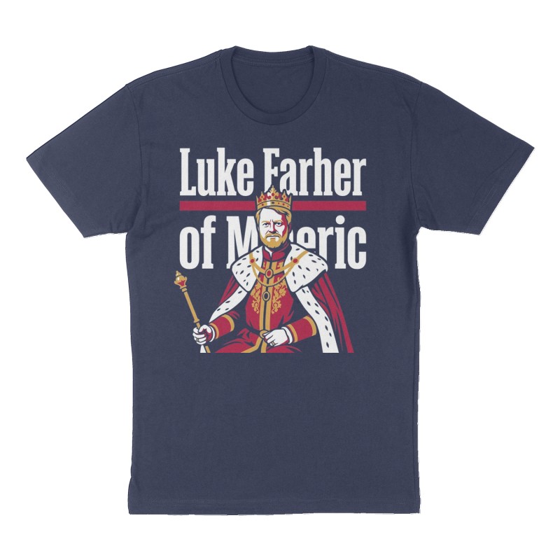 Custom t-shirt: "Luke Farher of Meric", Front print, navy shirt